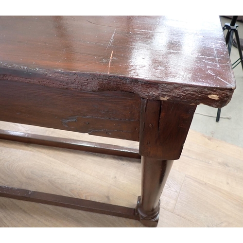 484 - A stained pine Refectory Bench on turned supports 8ft 2in L x 2ft 3in H and a Country Chair