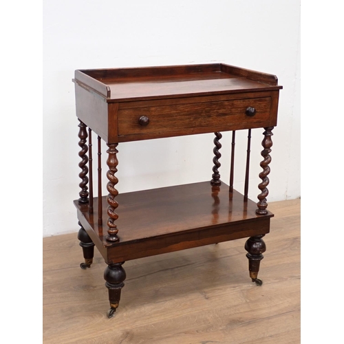 514 - A 19th rosewood Side Table/Canterbury, fitted frieze drawer on barley twist supports and casters, 1f... 