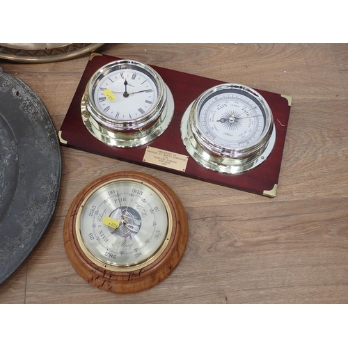 566 - Two copper Chargers, pewter Charger, Barometer and a Clock/Barometer