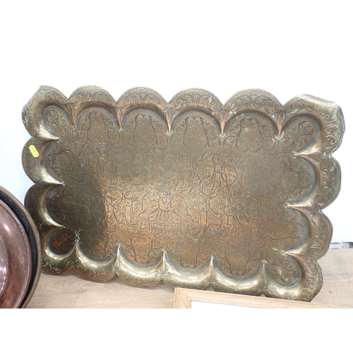 588 - Two Warming Pans, copper engraved Tray and various Prints