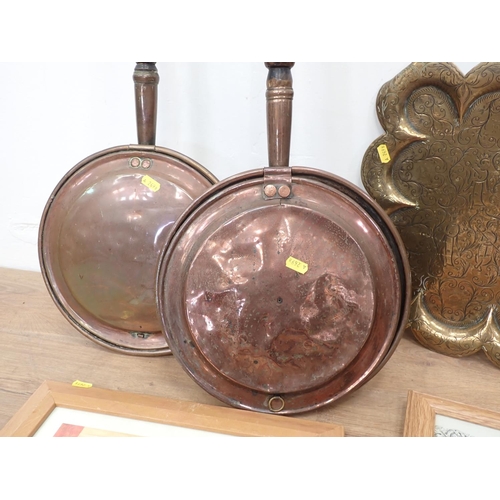 588 - Two Warming Pans, copper engraved Tray and various Prints