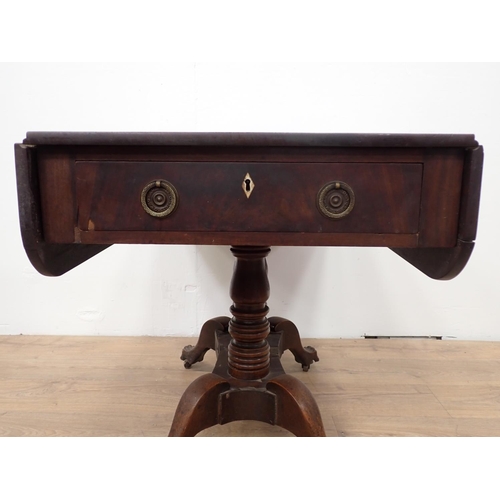 604 - A Regency mahogany Sofa Table fitted end drawer mounted on four paw feet 3ft 5in W x 2ft 4in H