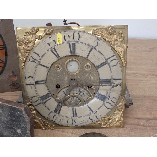 61 - Two antique longcase Clock faces with movements and another movement