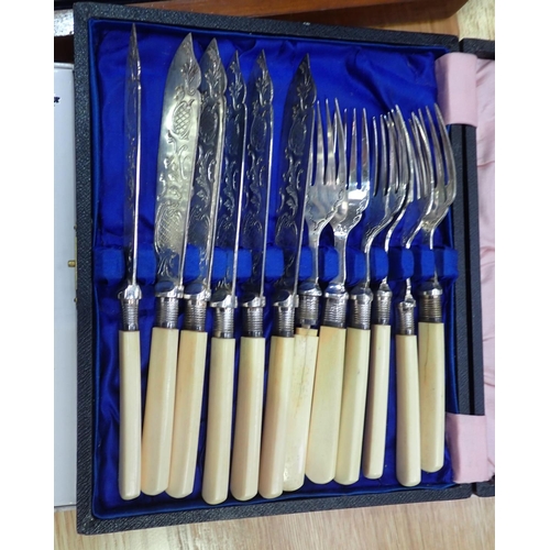 616 - An oak Canteen of Fish Cutlery, a boxed set of Arthur Price Forks and two cased sets of Cutlery