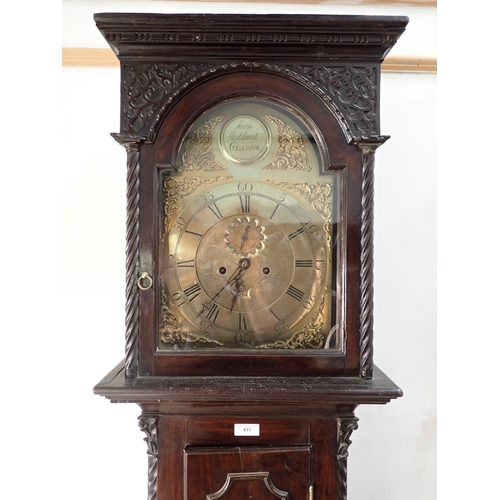 631 - A 19th Century mahogany Longcase Clock with arched brass dial by James Kirkland, Glasgow 7ft 11in H ... 