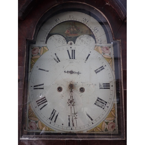 632 - A 19th Century mahogany Longcase Clock with painted arched dial 7ft 4in H x 1ft 9in W, 2 weights and... 