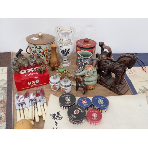 87 - Two boxes including Oxo Tin, Pottery Jar, boxed Wade Figures, etc.