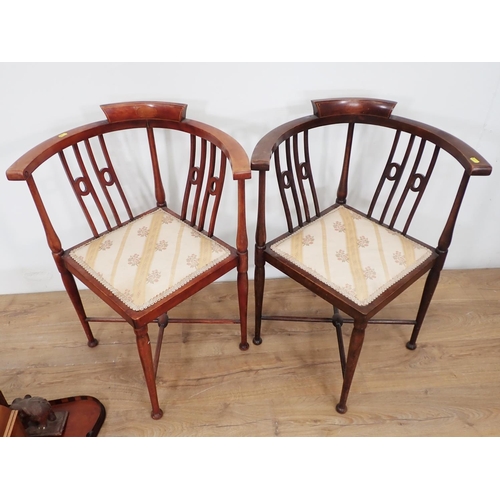 95 - A pair of Edwardian mahogany Corner Elbow Chairs, a 19th Century mahogany and inlaid Tray, a walnut ... 