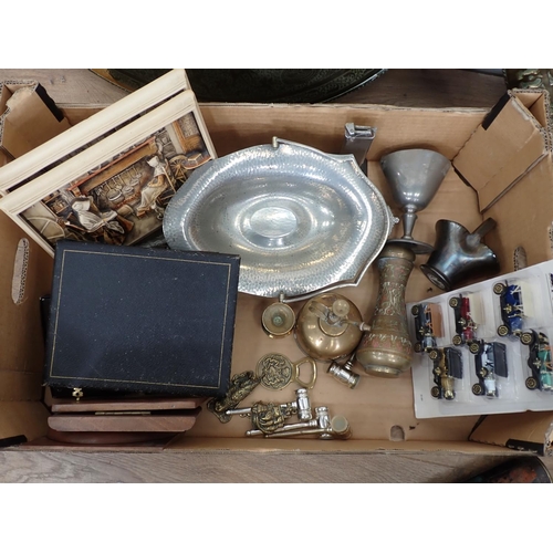 97 - Two large brass Eastern Chargers with dished centres, a box of metal ware including a brass draw lea... 