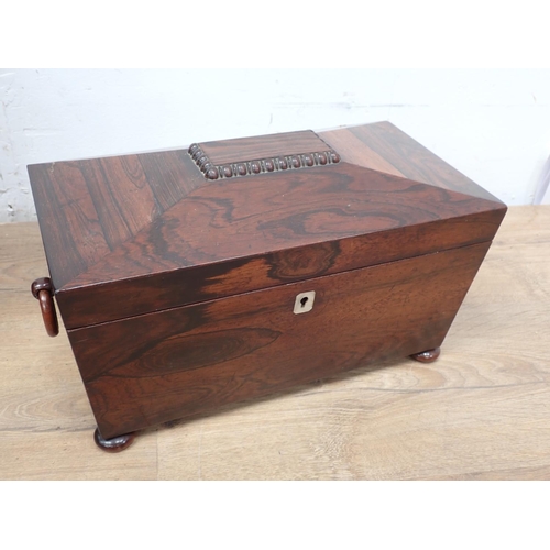 150 - A Regency rosewood sarcophagus two division Tea Caddy on bun feet, a Bracket Clock, a Box, and a car... 