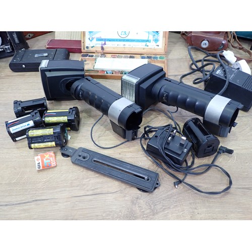 76 - A quantity Cameras including a Werra Camera, folding Cameras, Flash Guns, etc, an Allbrit Planimeter... 