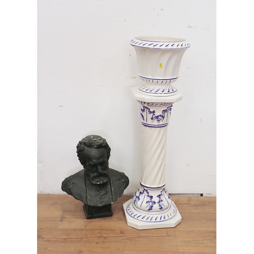 683 - A plaster Bust of Victor Hugo 1ft 5in H and a white ceramic Jardinière on stand 3ft 1in H