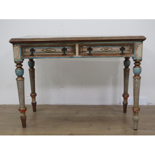 107 - An antique painted pine Side Table fitted two frieze drawers and mounted upon turned supports 3ft 6i... 