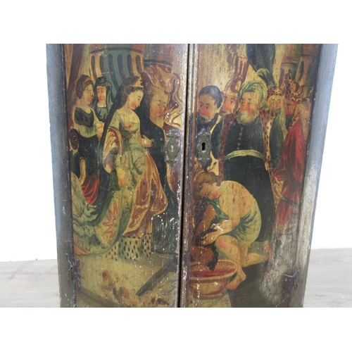 111 - A late 18th or early 19th Century hanging bow fronted Corner Cupboard painted with Court Scene 3ft 4... 