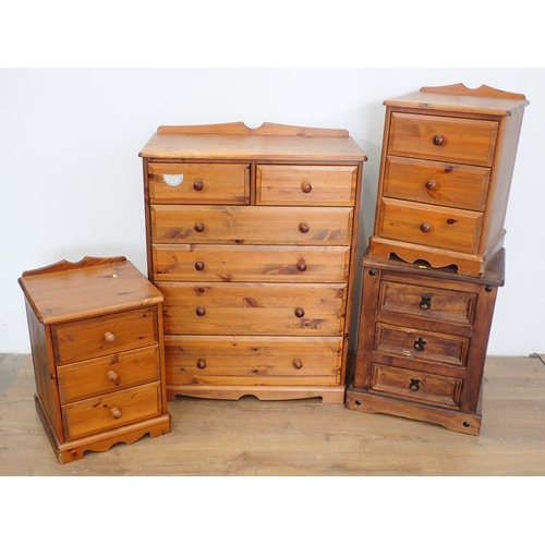 125 - A pine Chest of drawers and three pine Bedside Chests