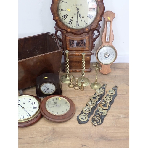 128 - A Victorian walnut Wall Clock by F.H. Brook, Builth, a Log Bin, two Wall Clocks, pair of brass twist... 