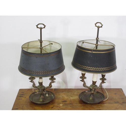 137 - A pair of brass three branch Table Lamps with toleware Shades 1ft 10in H (failed PAT, no earth)