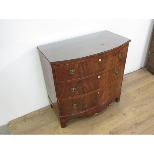 141 - A 19th Century mahogany bow fronted Chest of three long drawers on splayed feet 3ft W x 3ft H