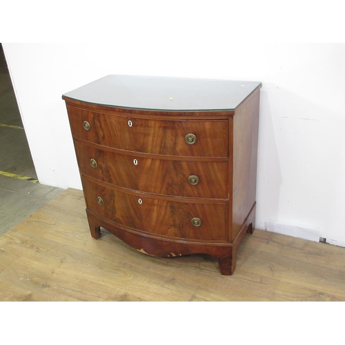 141 - A 19th Century mahogany bow fronted Chest of three long drawers on splayed feet 3ft W x 3ft H