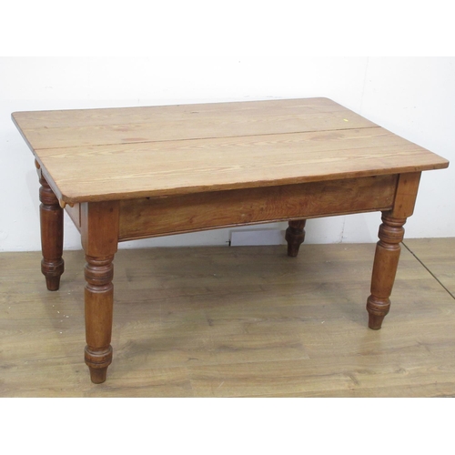 150 - A Victorian pine Farmhouse Kitchen Table fitted end drawer mounted upon turned supports 4ft 7in W x ... 