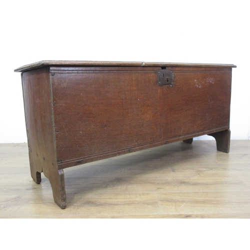 23 - A 17th Century oak six plank Sword Chest or Coffer on cupid's bow shaped end supports, the top with ... 