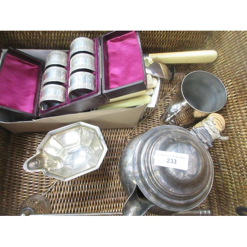 233 - Six plated Napkin Rings, in case, plated Soup Ladle, Teapot, Mugs and sundry Cutlery