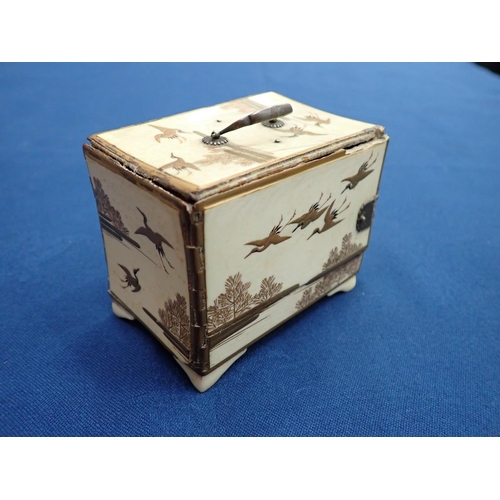 253 - A 19th Century Oriental ivory rectangular Casket the panels gilt decorated with birds and trees, fit... 