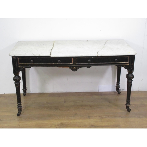 326 - An Aesthetic movement ebonised marble topped Side Table fitted two frieze drawers on turned supports... 