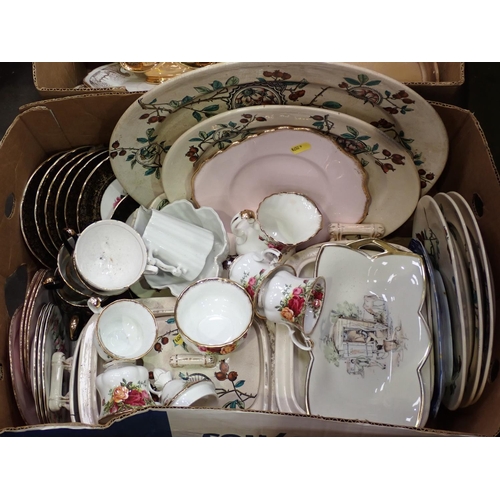 356 - Three boxes of assorted Ceramics including Royal Albert Tea Ware, gilt part Tea Service, Meat Plates... 