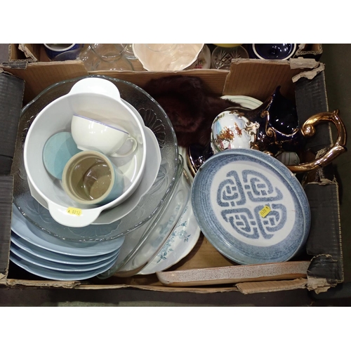 362 - Three boxes of ceramics including glazed stoneware Jug, Tea Cups, Saucers, Plates, Jug, large glass ... 