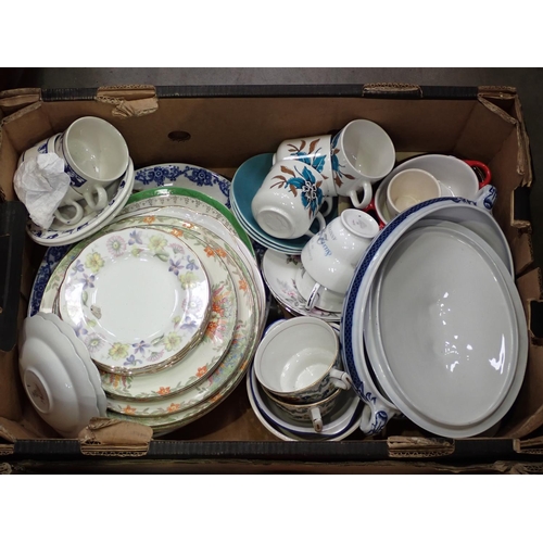 362 - Three boxes of ceramics including glazed stoneware Jug, Tea Cups, Saucers, Plates, Jug, large glass ... 