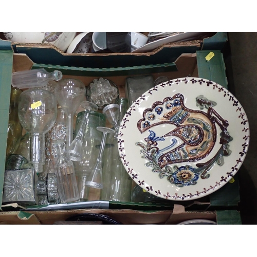 370 - Three boxes including Costume Brooches, pair of turned Candlesticks, glass Bottles, Light Shade, Tea... 