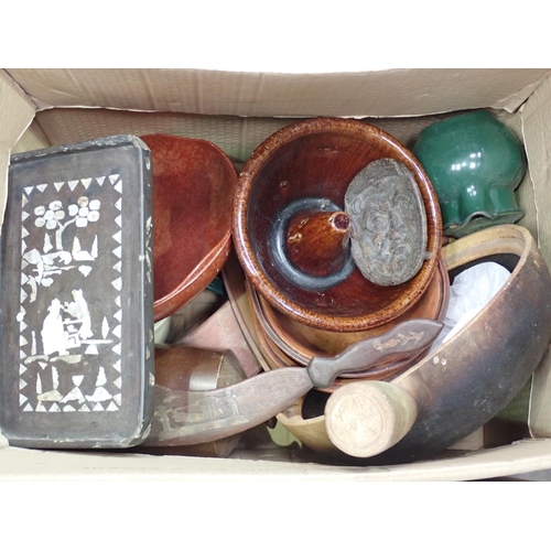 370 - Three boxes including Costume Brooches, pair of turned Candlesticks, glass Bottles, Light Shade, Tea... 