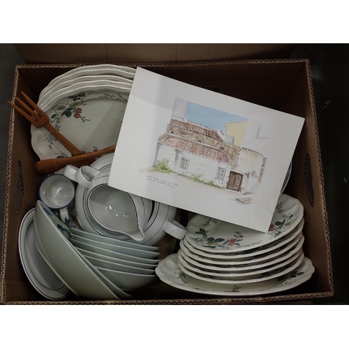 371 - Four boxes including a painting on slate of a ship, stoneware Bowl, assorted Ceramics