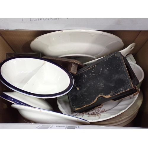 371 - Four boxes including a painting on slate of a ship, stoneware Bowl, assorted Ceramics