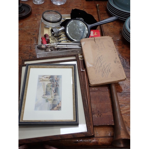 379 - Oak cased Mantel Clock, Box Brownie Camera, Dominoes, assorted Prints, etc.