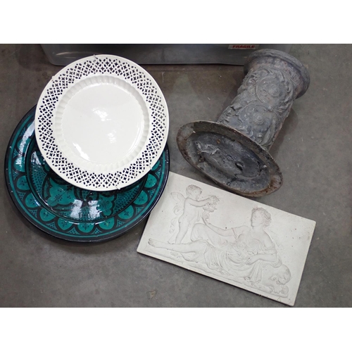 383 - Creamware Plate with pierced rim, studio pottery Charger, lead Plant Stand, etc.