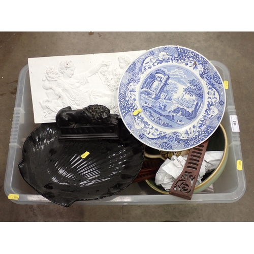 383 - Creamware Plate with pierced rim, studio pottery Charger, lead Plant Stand, etc.