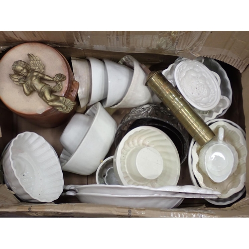 387 - Three boxes of ceramics and glass including Jelly Moulds, Crock, gilt plaster Cherub Wall Decoration... 