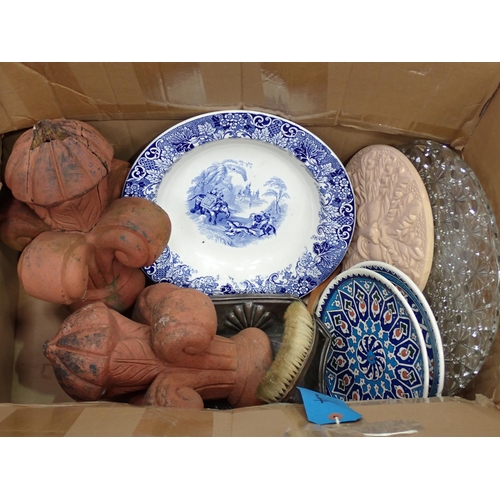 387 - Three boxes of ceramics and glass including Jelly Moulds, Crock, gilt plaster Cherub Wall Decoration... 