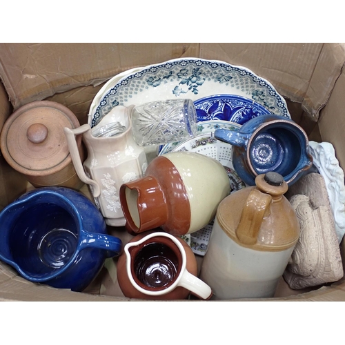 387 - Three boxes of ceramics and glass including Jelly Moulds, Crock, gilt plaster Cherub Wall Decoration... 