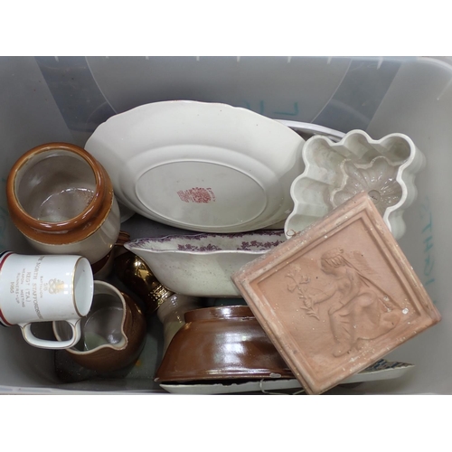 395 - Two boxes including ceramic Jelly Moulds, gilt Wall Bracket, Kirkton House Cooking Pan and Lid, etc.