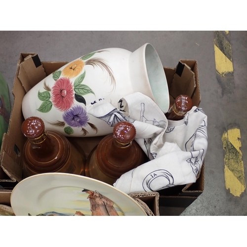 396 - A Beswick Vase, Wade Basket, Myott Jug, Royal Doulton Plate, Bells Whisky Decanters, Parasol, copper... 