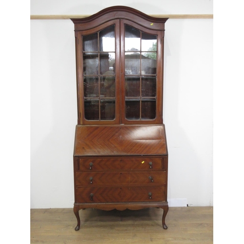 4 - A mahogany veneered Bureau Bookcase mounted on cabriole supports 7ft 3in H x 3ft 2in W