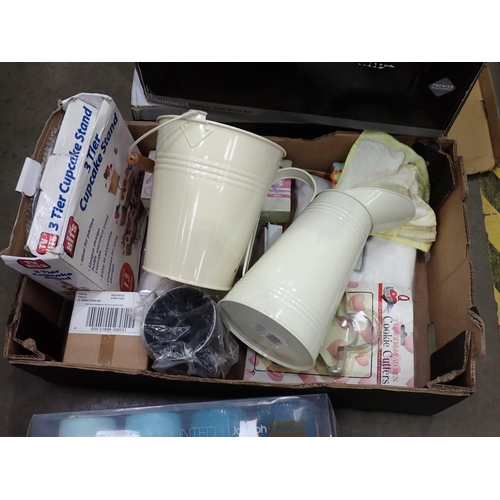 406 - Two Omega Bread Bins and a box containing various kitchen enamel and Mugs