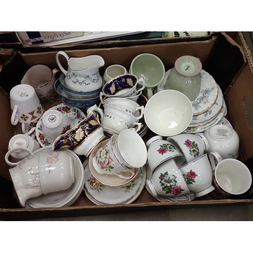 410 - Four boxes of Tea Cups and Saucers, Continental porcelain Figurine, Collector's Plates, etc.