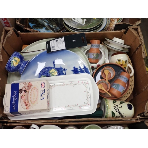 410 - Four boxes of Tea Cups and Saucers, Continental porcelain Figurine, Collector's Plates, etc.