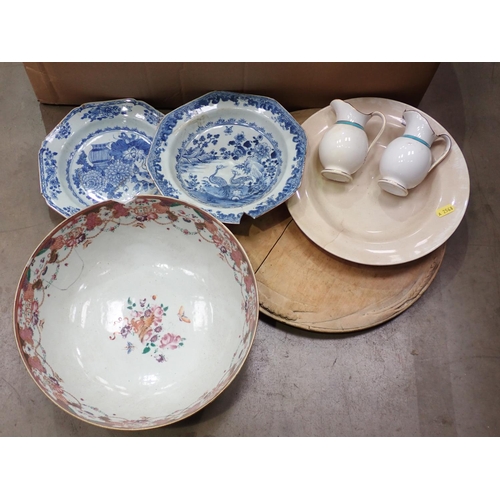 411 - Two boxes of Plates, Tea Cup and Saucer, Meat Plate, lacquered Tray, Bread Board, lidded Jar, etc.