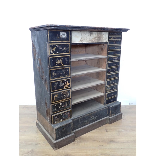 438 - A 19th Century painted pine Bank of Drawers flanking shelves on plinth base 3ft 11in H x 3ft 4in W