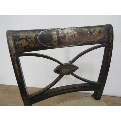 439 - A 19th Century lacquered Elbow Chair, a French green painted Piano Stool and a 19th Century black pa... 